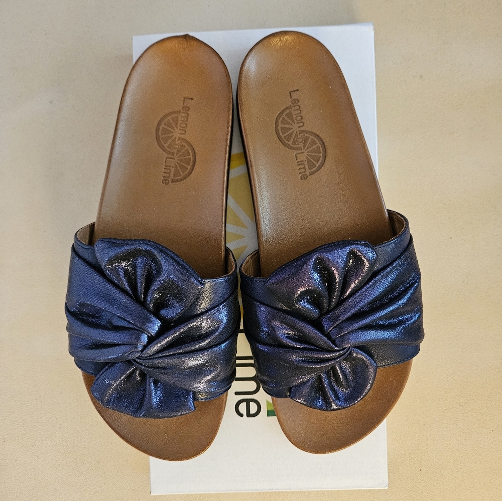 Lemon 'n Lime Navy Iridescent Suede Slides with Twist Bow
